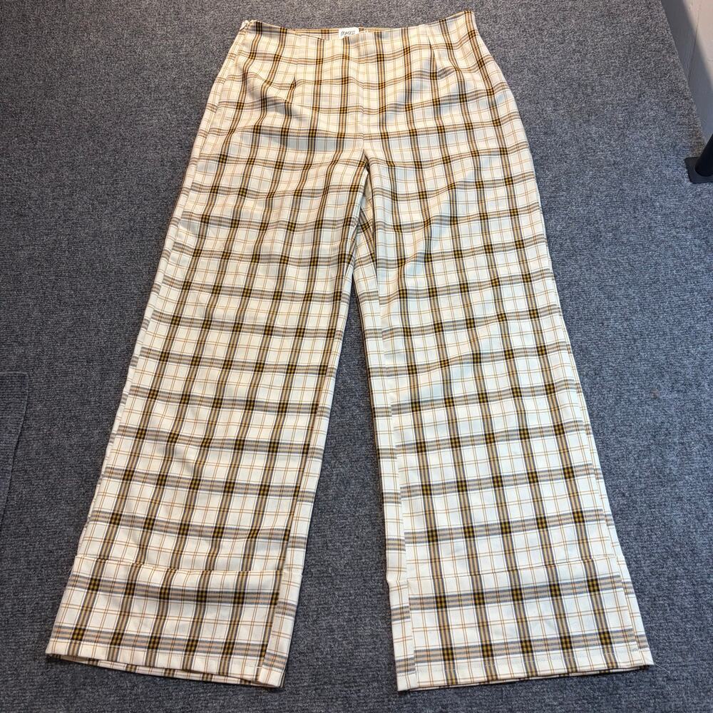 Princess Polly Size 8 Brown Ivory White Plaid Wide Leg Pants High Rise Trousers